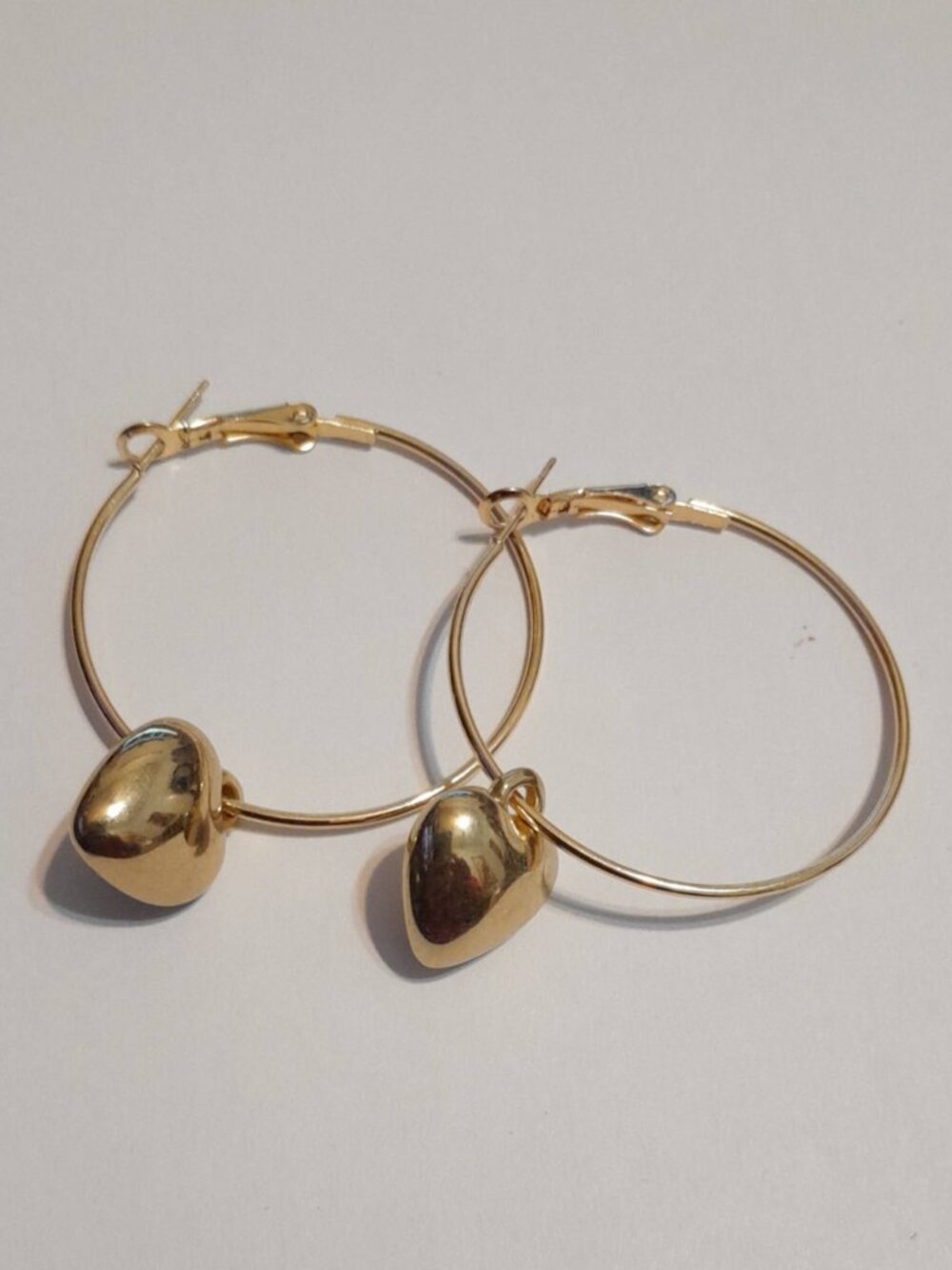 Gold-Tone Hoop Earrings with Puffy Heart Charms – Lightweight 2-Inch Hoops